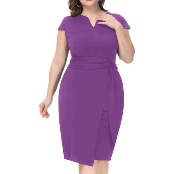 Hannah Nikole Sheath Dress Midi Split Neck Tie Waist Cap Sleeve Purple 22W New - Picture 1 of 14